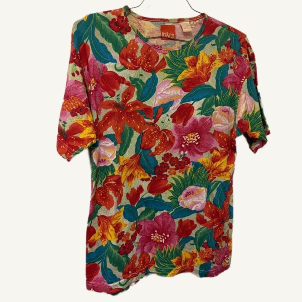 Liz & Co. Vintage Bright Floral Short Sleeve Top - Women's Size S Multi-Color
